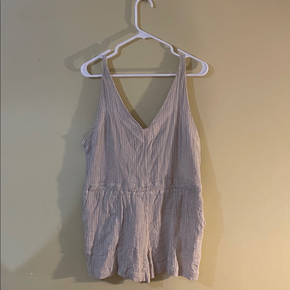 Free People Cotton Tan and Beige Striped Sleeveless Romper with Pockets